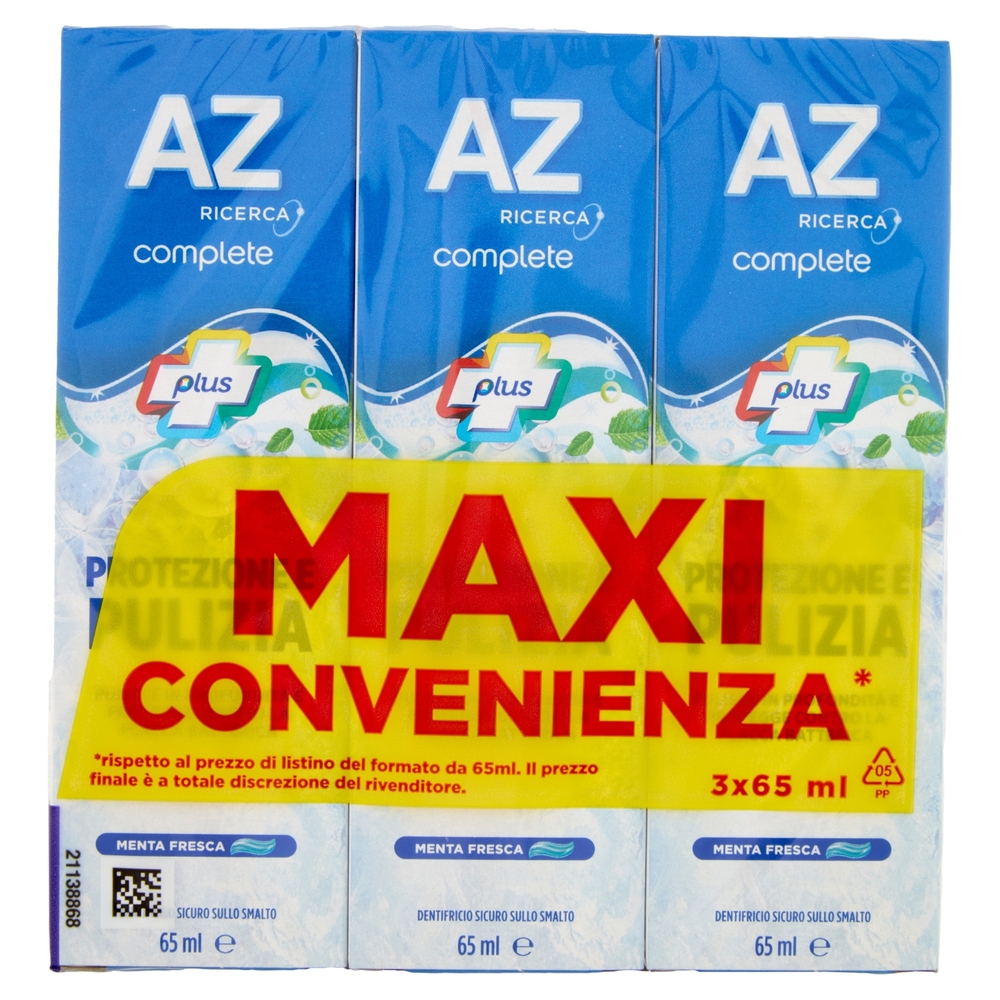 AZ Ricerca Dentifricio Complete Plus Protezione e Pulizia Menta Fresca 3 x 65 ml